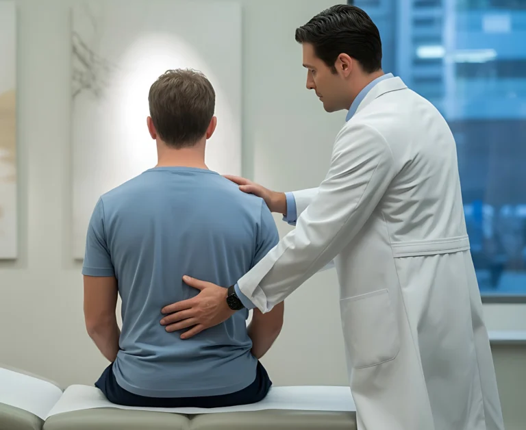Chiropractor examining a patient's back on a treatment table