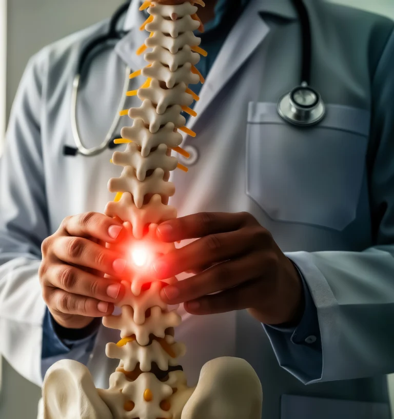 Chiropractor holding a model of the spine during a consultation