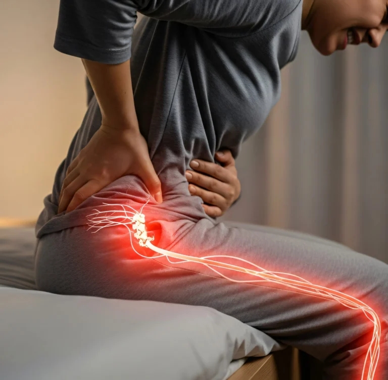 Illustration of sciatic nerve pain radiating down the leg