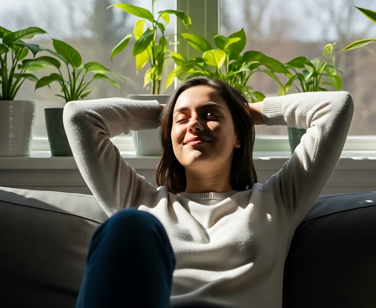Woman relaxing comfortably at home after chiropractic care