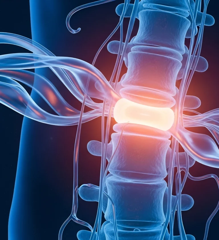 Illustrated anatomical model of the spine highlighting a disc