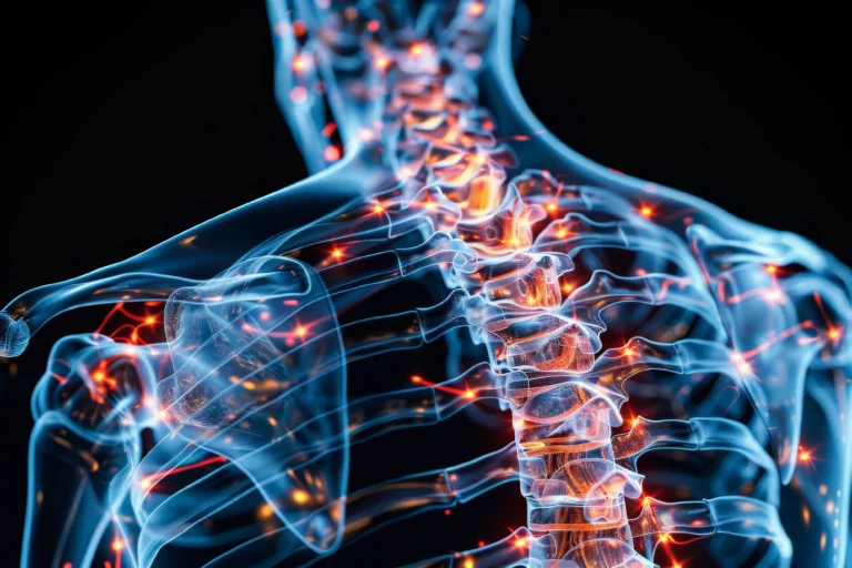 Illustrated anatomical model of the spine within the ribcage