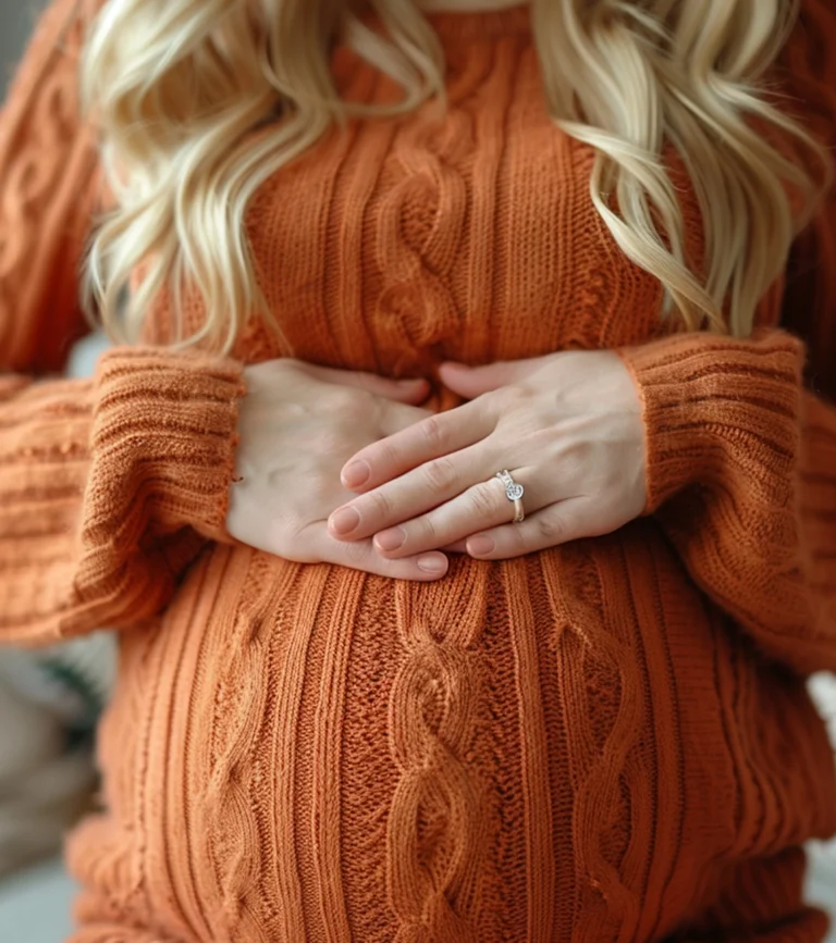 Pregnant woman gently holding her belly